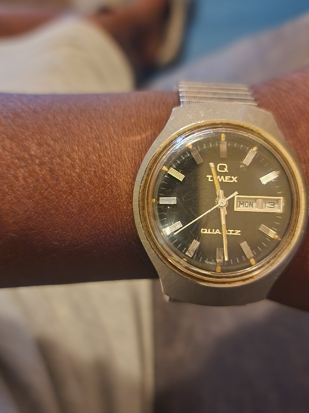Vintage Timex Men's Silver and Gold-Tone Quartz Watch - Black Dial Electial